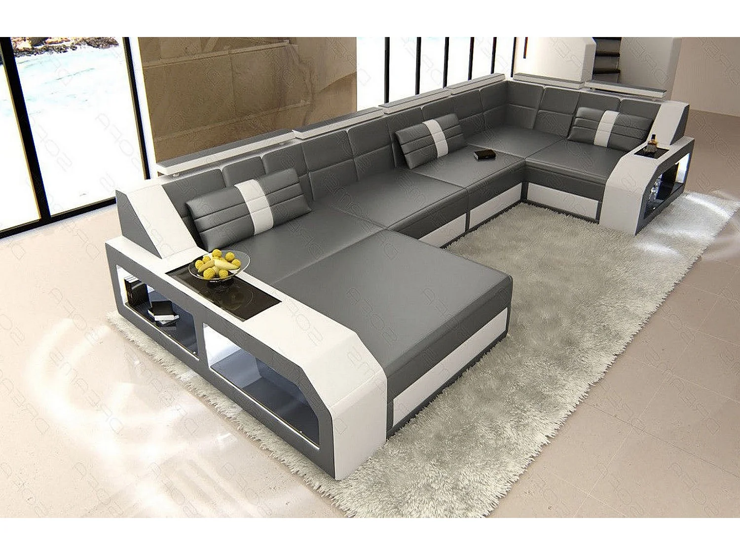 Sofa Arezzo U Leder Ledermix Grau Weiß Links