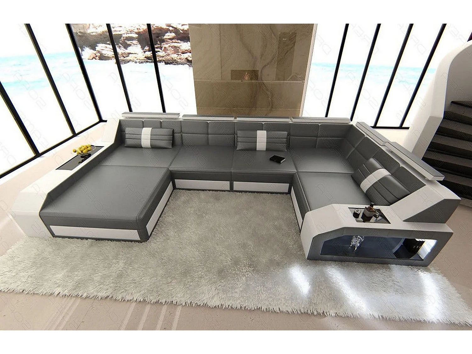 Sofa Arezzo U Leder Ledermix Grau Weiß Links