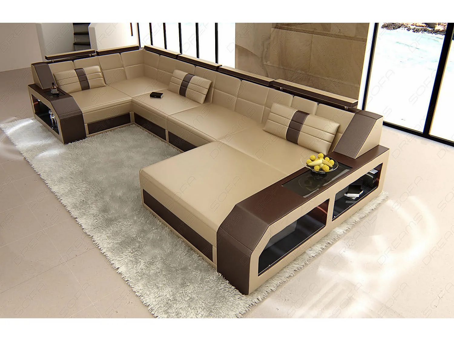 Sofa Arezzo U Leder Echtleder Sandbeige Braun Rechts