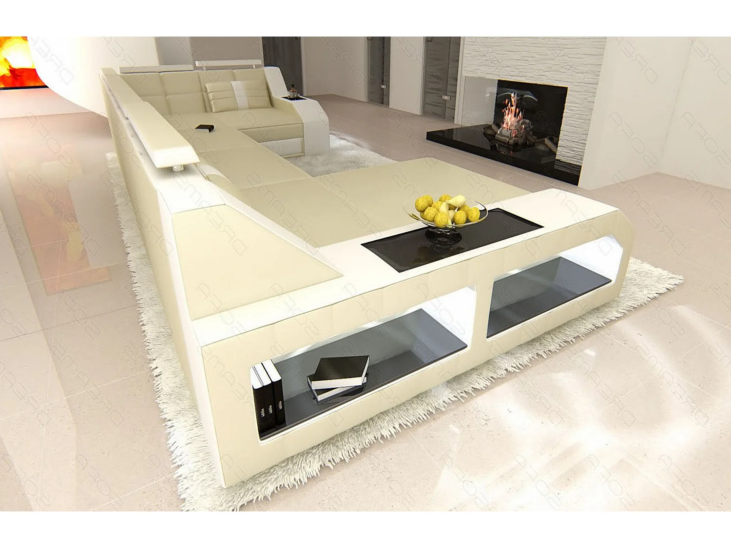 Sofa Arezzo U Leder Ledermix Beige Weiß Links