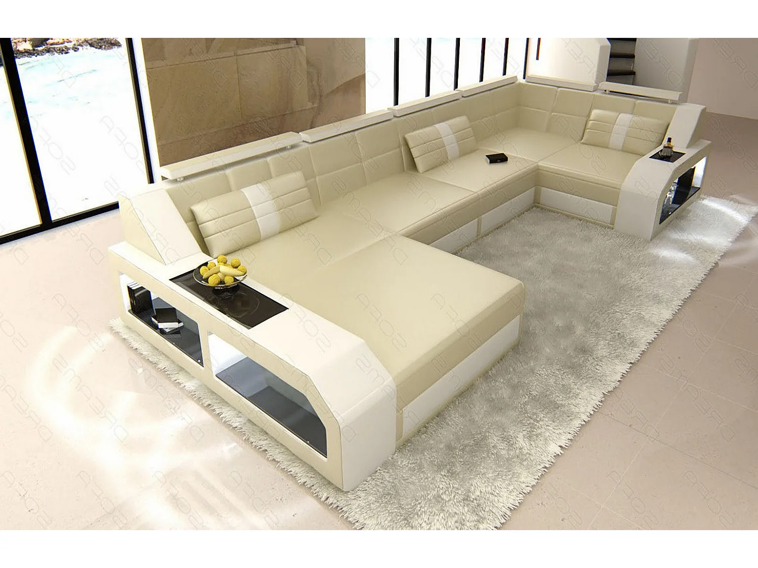 Sofa Arezzo U Leder Ledermix Beige Weiß Links