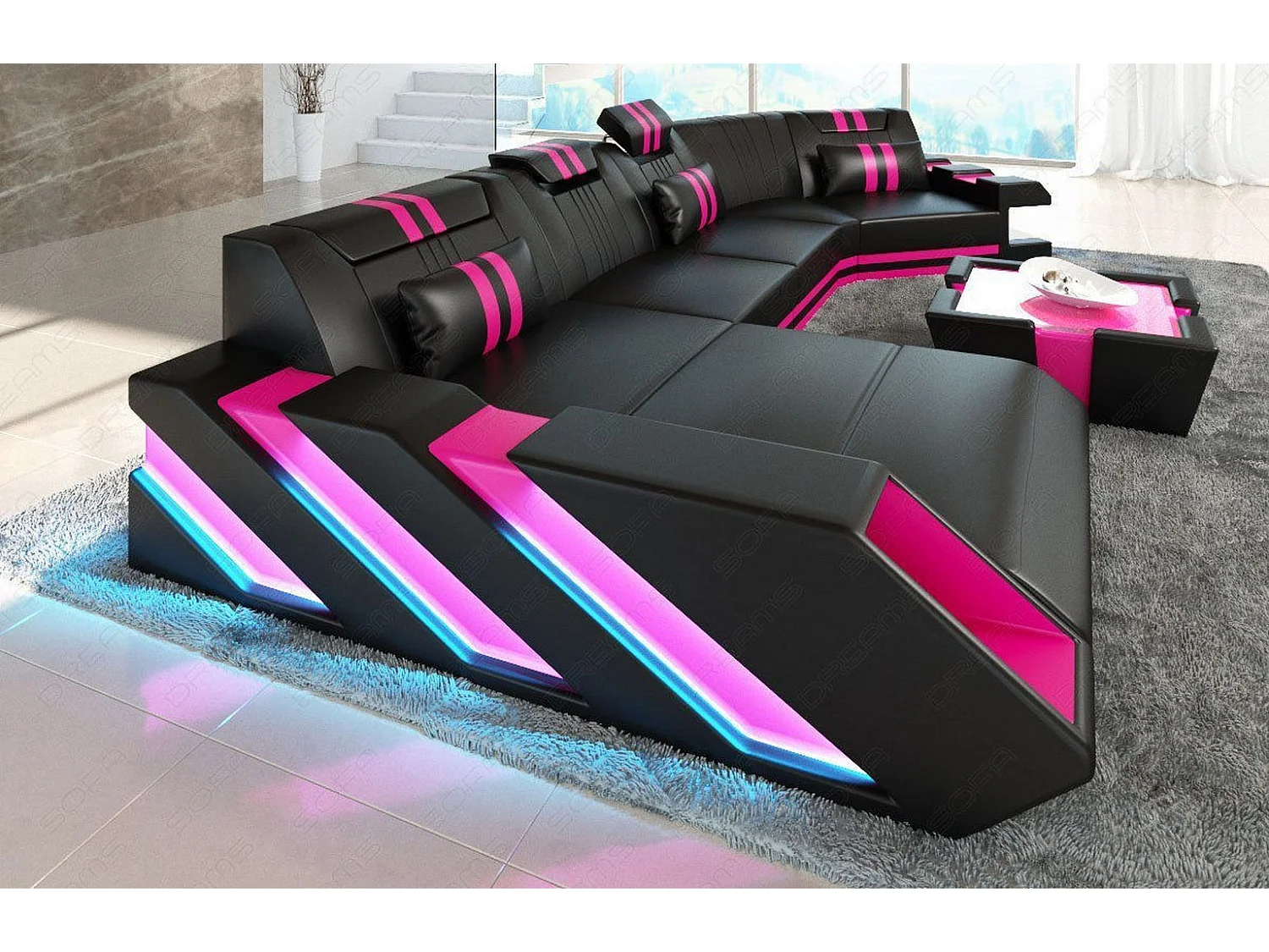 Ledersofa Apollonia C Form Premium Kunstleder Schwarz Pink Links