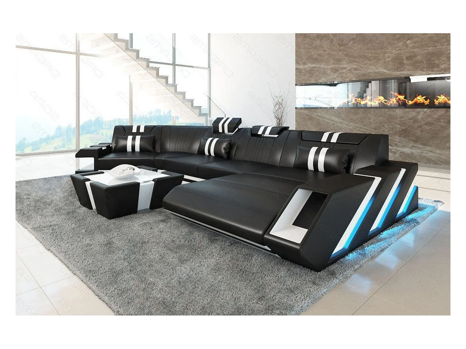 Ledersofa Apollonia C Form Ledermix Echt/Kunstleder Schwarz Weiß Rechts