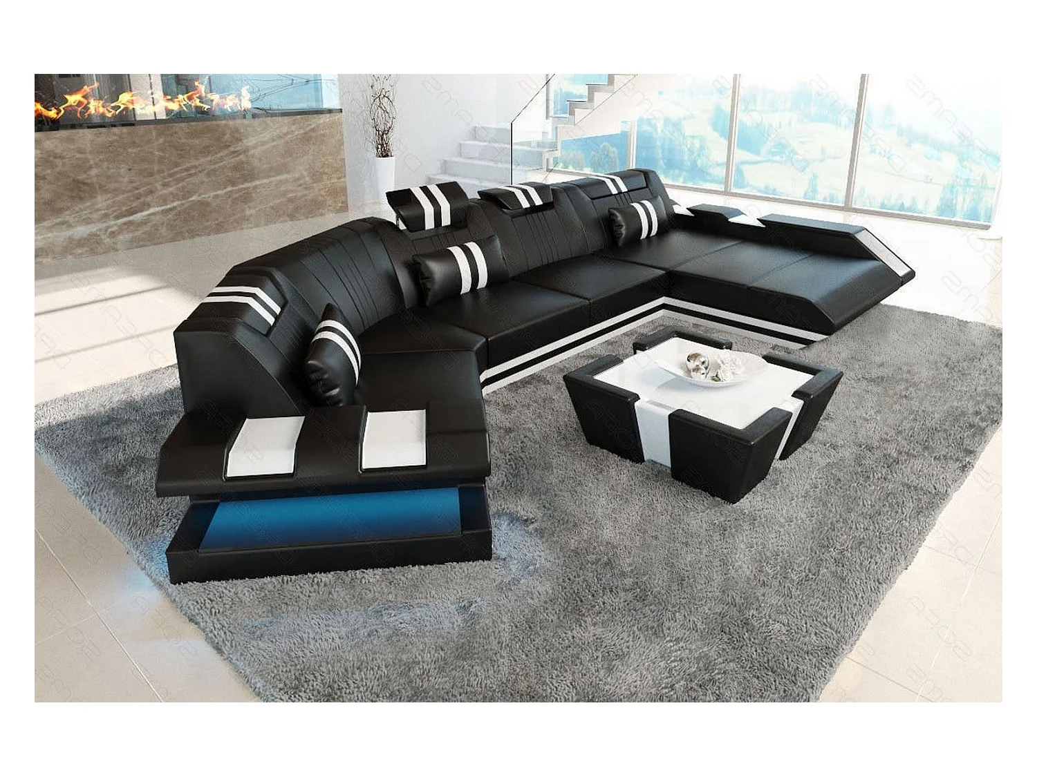 Ledersofa Apollonia C Form Ledermix Echt/Kunstleder Schwarz Weiß Rechts