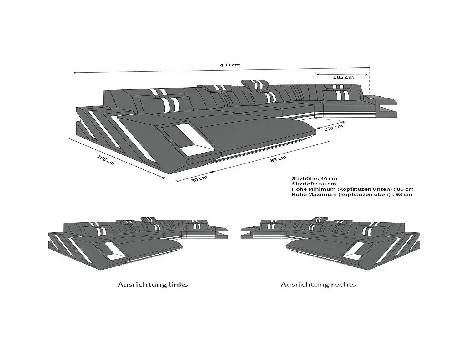 Ledersofa Apollonia C Form Ledermix Echt/Kunstleder Schwarz Weiß Rechts