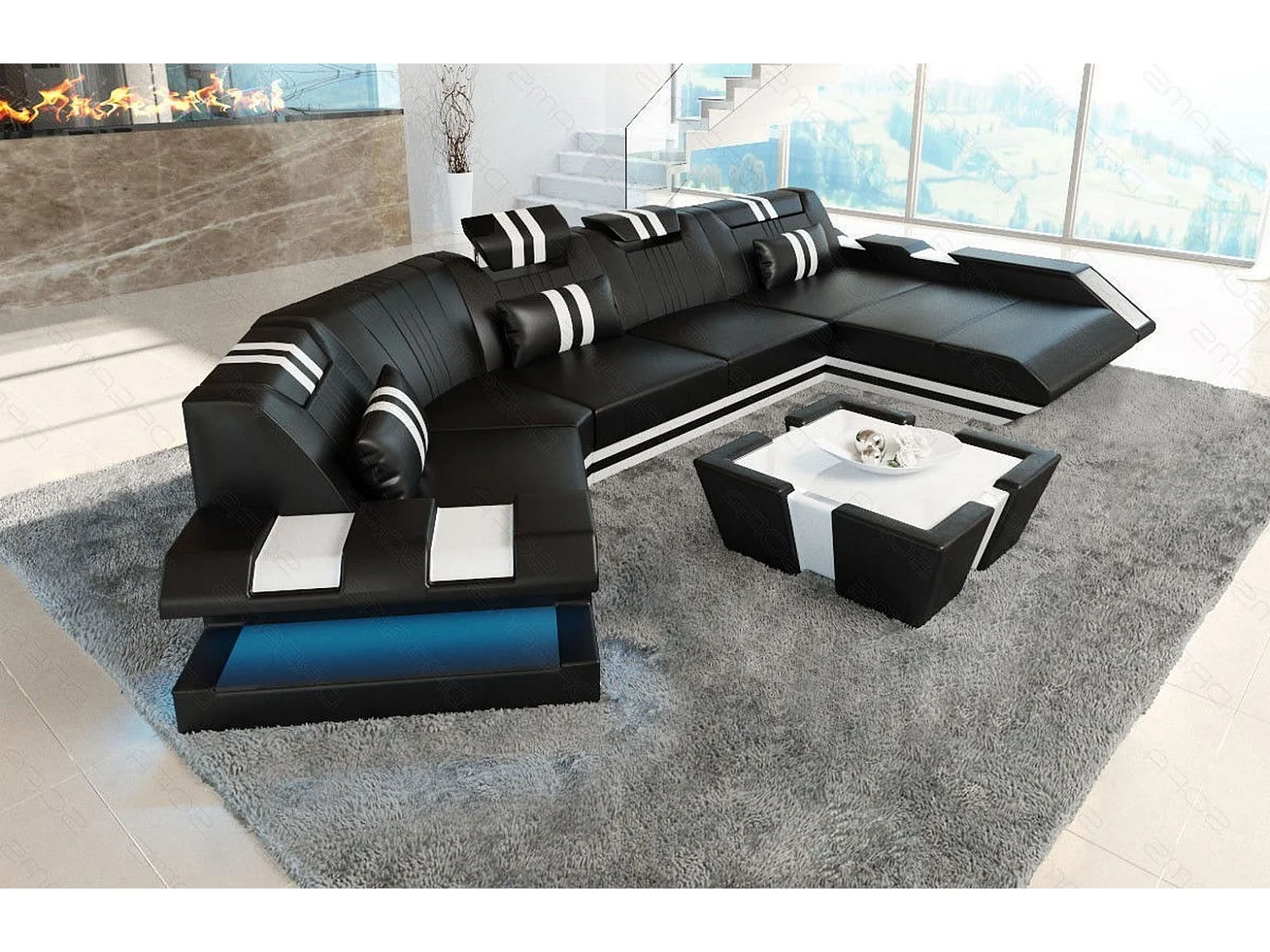 Ledersofa Apollonia C Form Ledermix Echt/Kunstleder Schwarz Weiß Rechts