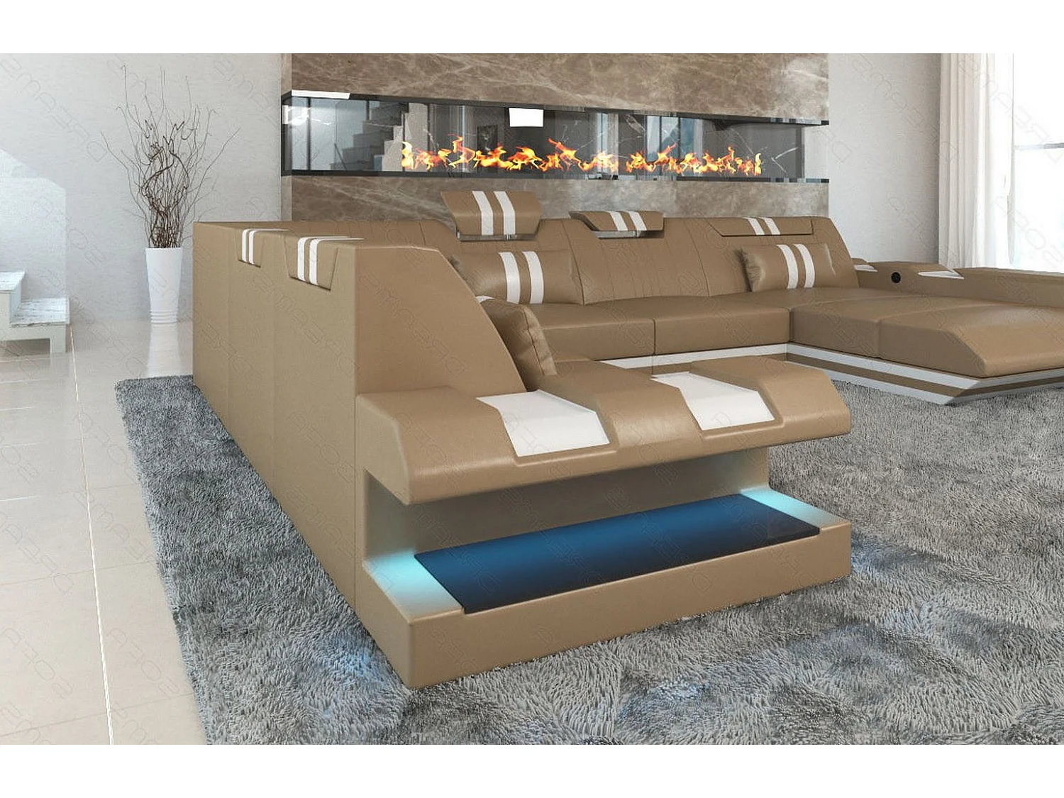 XXL Leder Wohnlandschaft Apollonia EM Sandbeige Weiß Rechts