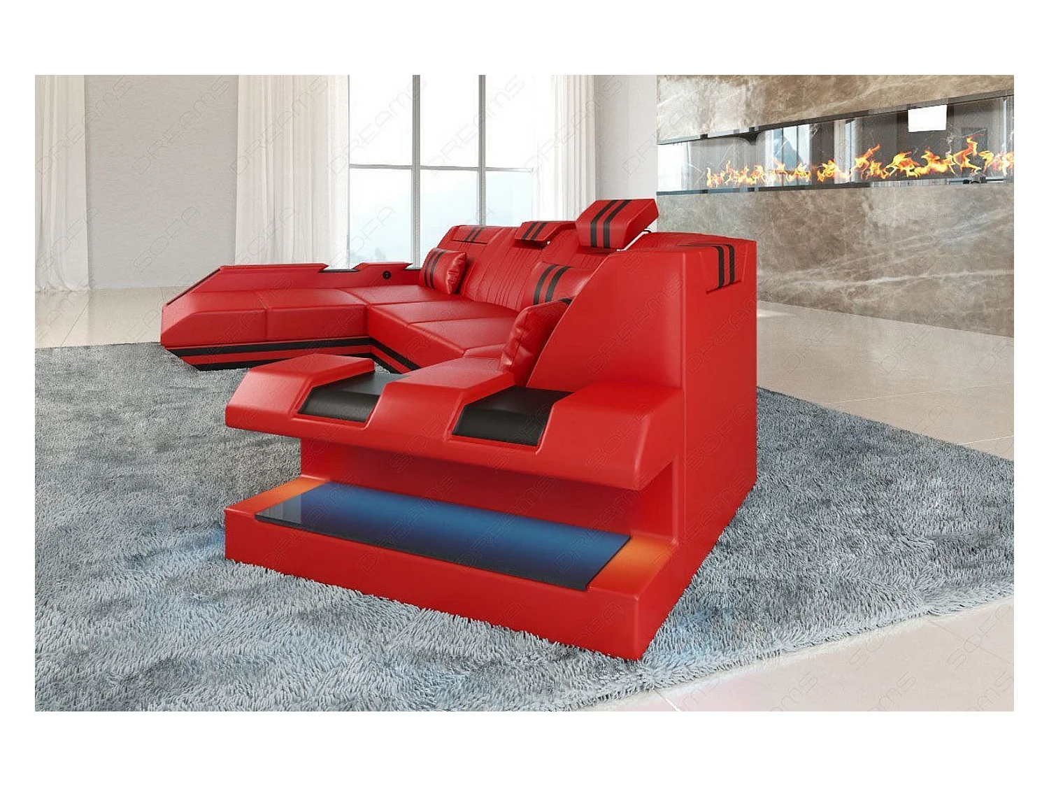 Ledersofa Apollonia C Form Premium Kunstleder Rot Schwarz Links