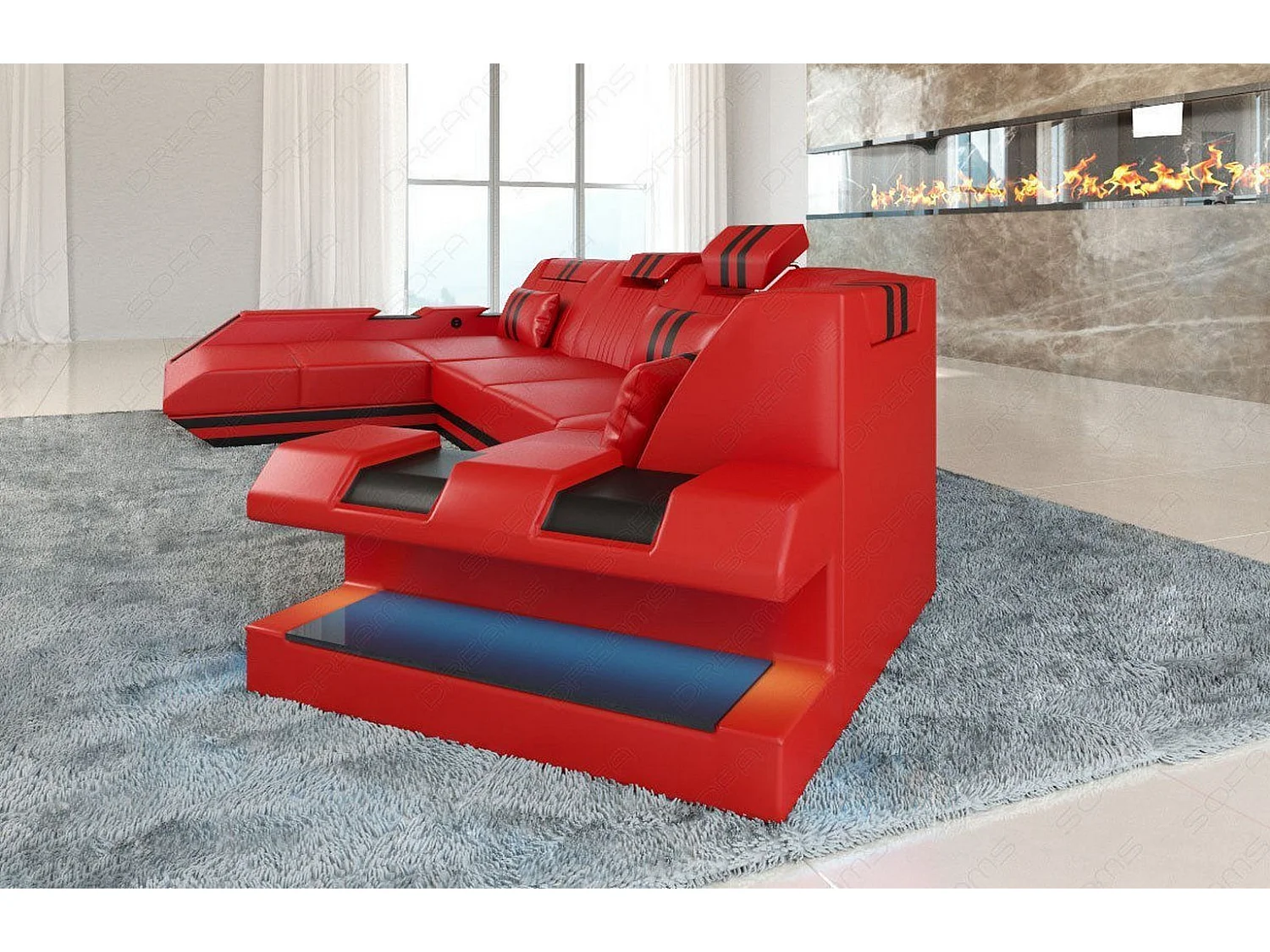 Ledersofa Apollonia C Form Premium Kunstleder Rot Schwarz Links