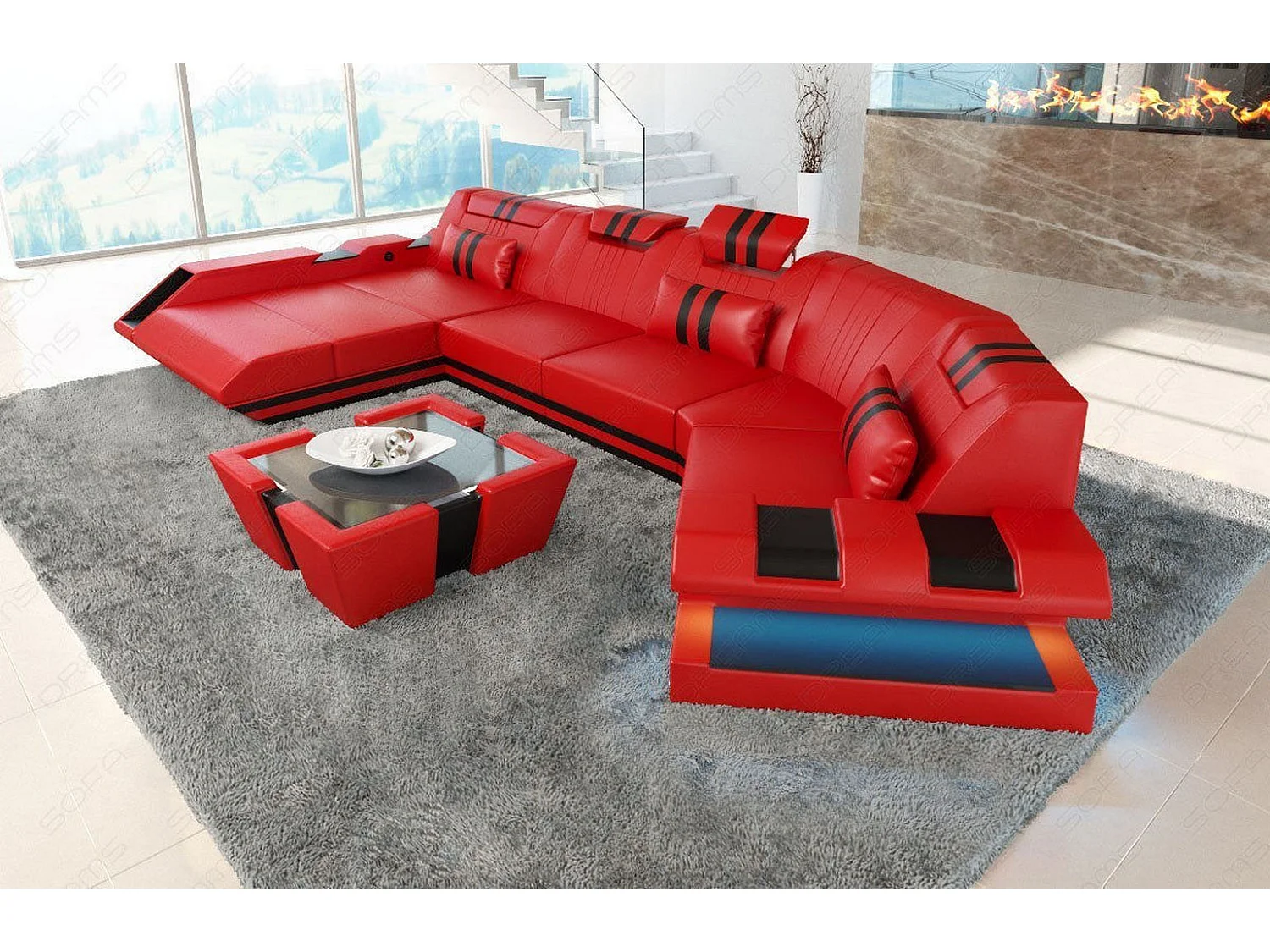 Ledersofa Apollonia C Form Premium Kunstleder Rot Schwarz Links
