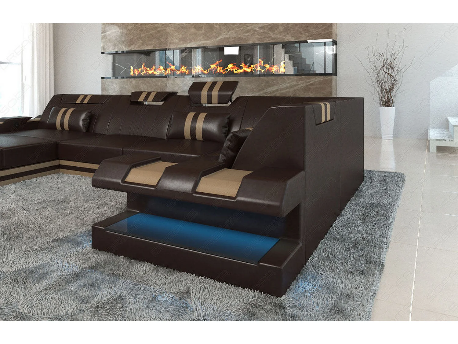 Ledersofa Apollonia U Form EL Dunkelbraun Sandbeige Links