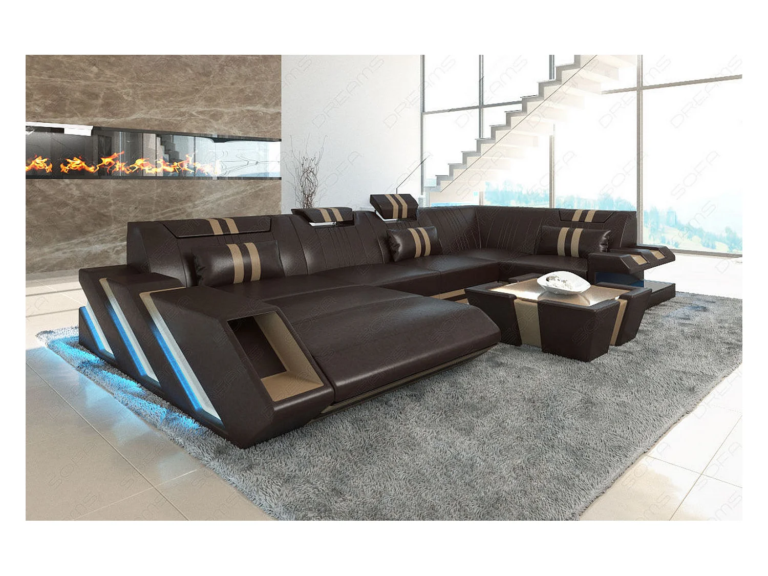 Ledersofa Apollonia U Form EL Dunkelbraun Sandbeige Links