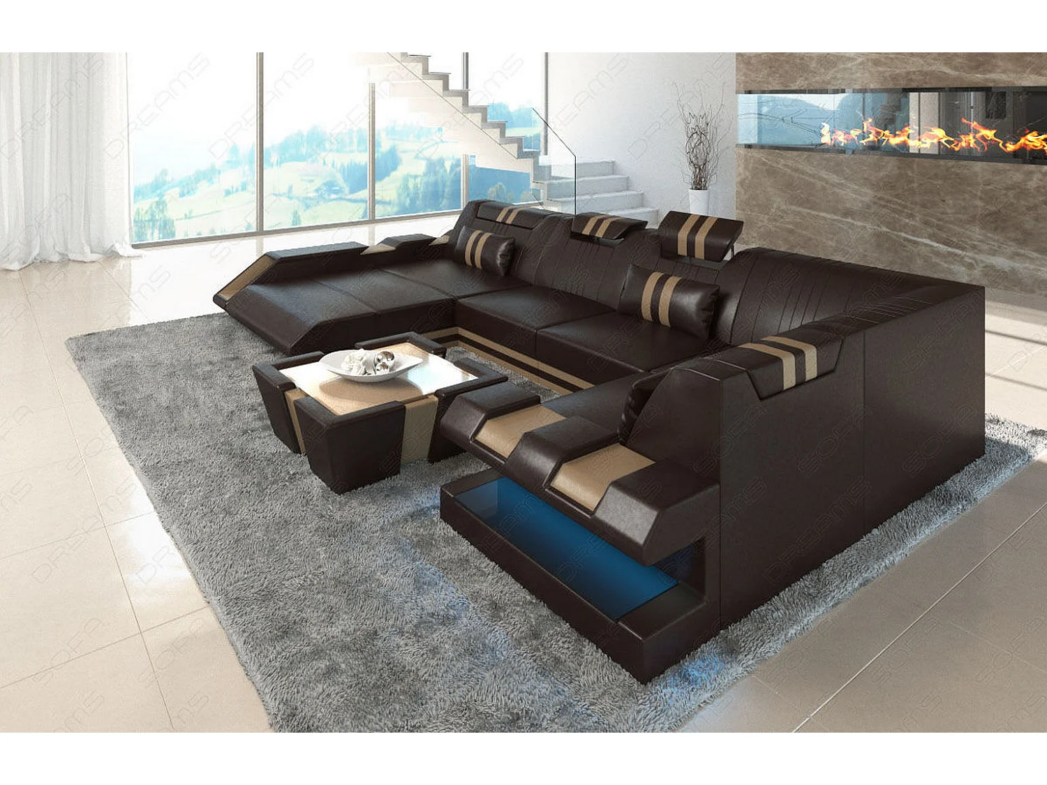 Ledersofa Apollonia U Form EL Dunkelbraun Sandbeige Links