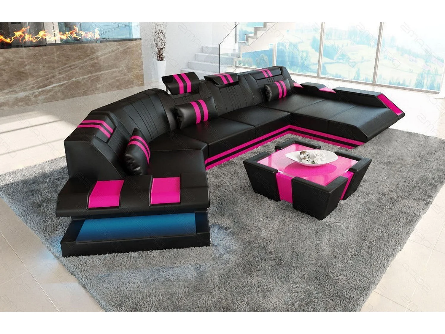 Ledersofa Apollonia C Form Premium Kunstleder Schwarz Pink Rechts