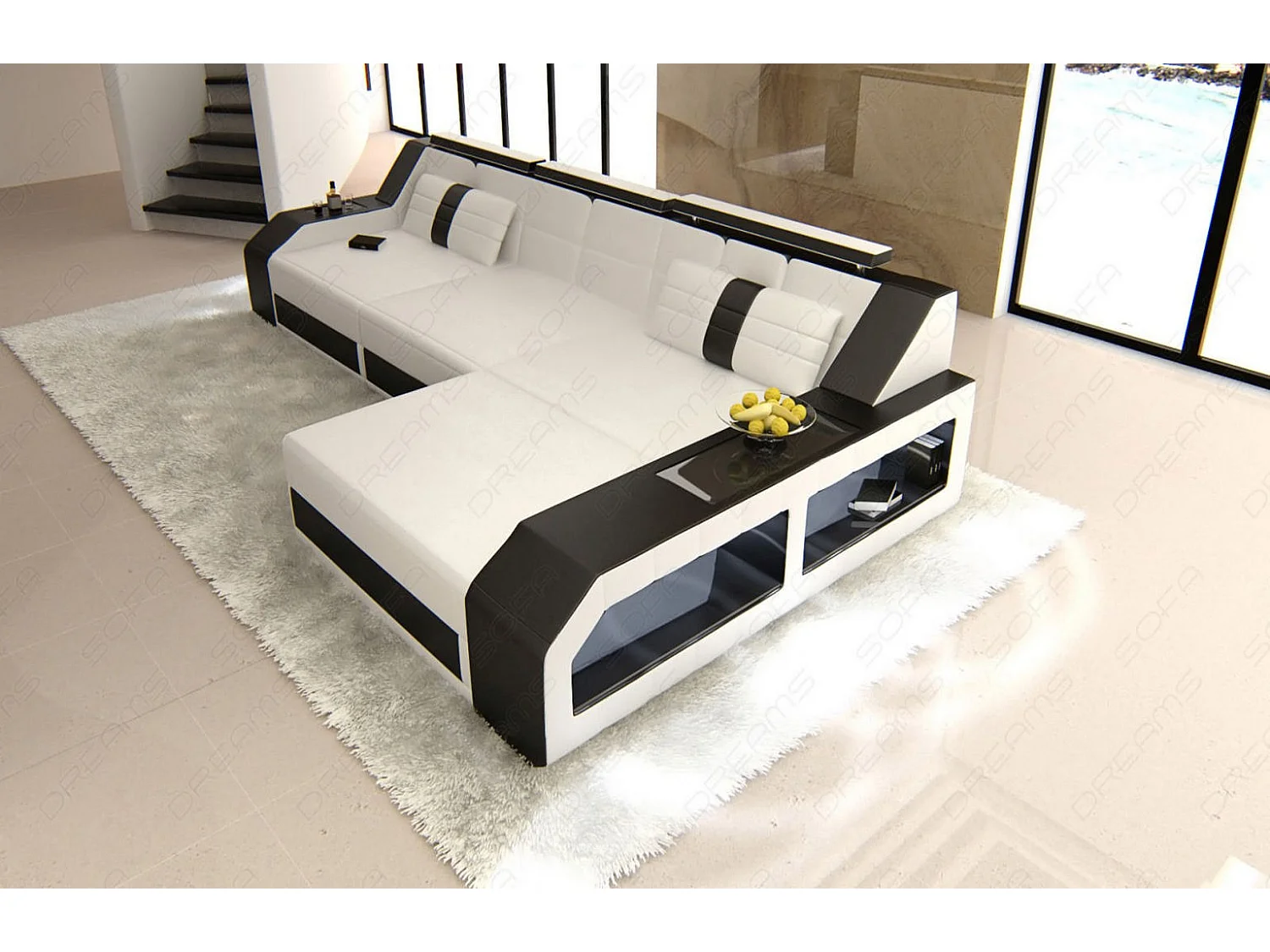 Ecksofa Arezzo Leder Ledermix Weiß Schwarz Rechts