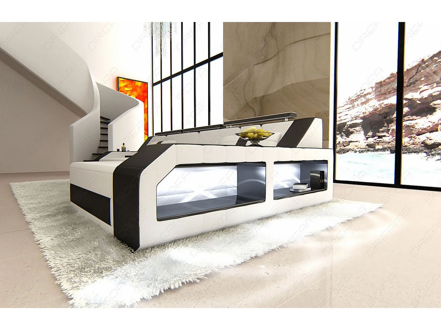 Ecksofa Arezzo Leder Ledermix Weiß Schwarz Rechts