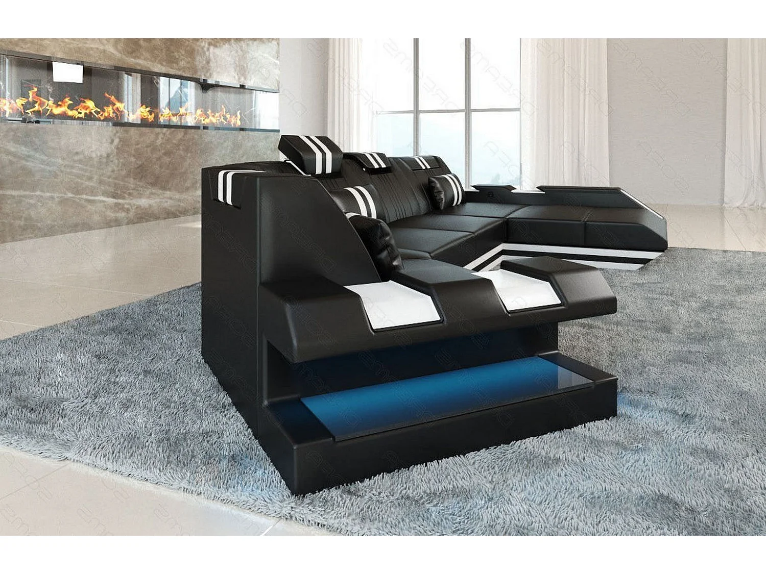 Ledersofa Apollonia C Form Echtleder Schwarz Weiß Rechts