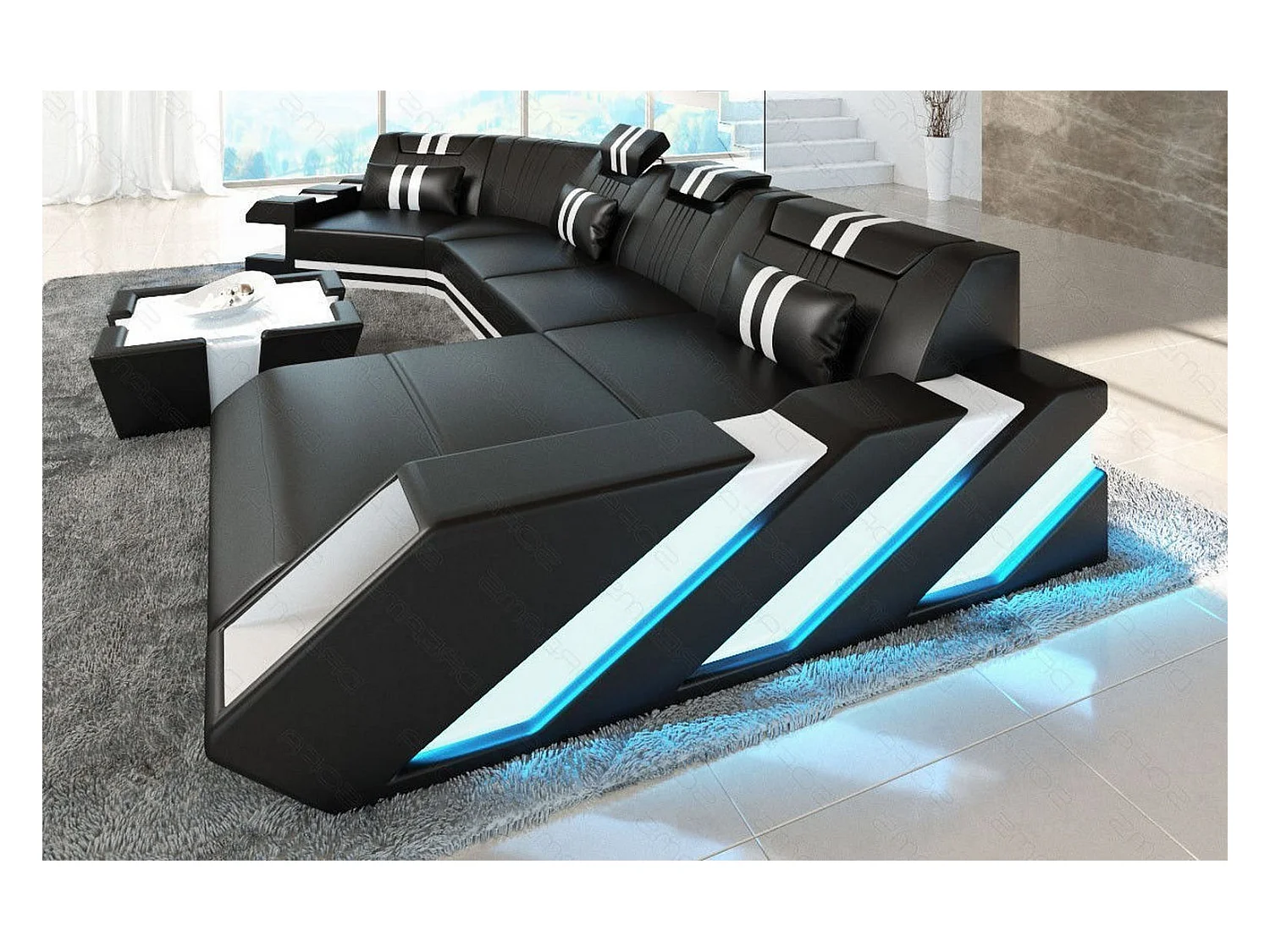 Ledersofa Apollonia C Form Echtleder Schwarz Weiß Rechts