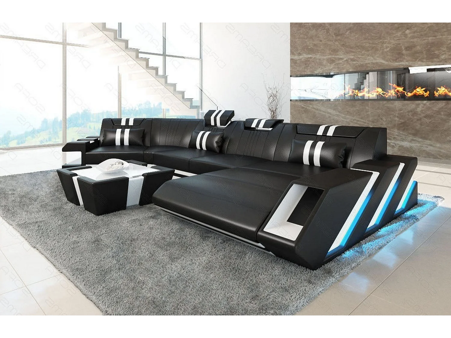 Ledersofa Apollonia C Form Echtleder Schwarz Weiß Rechts