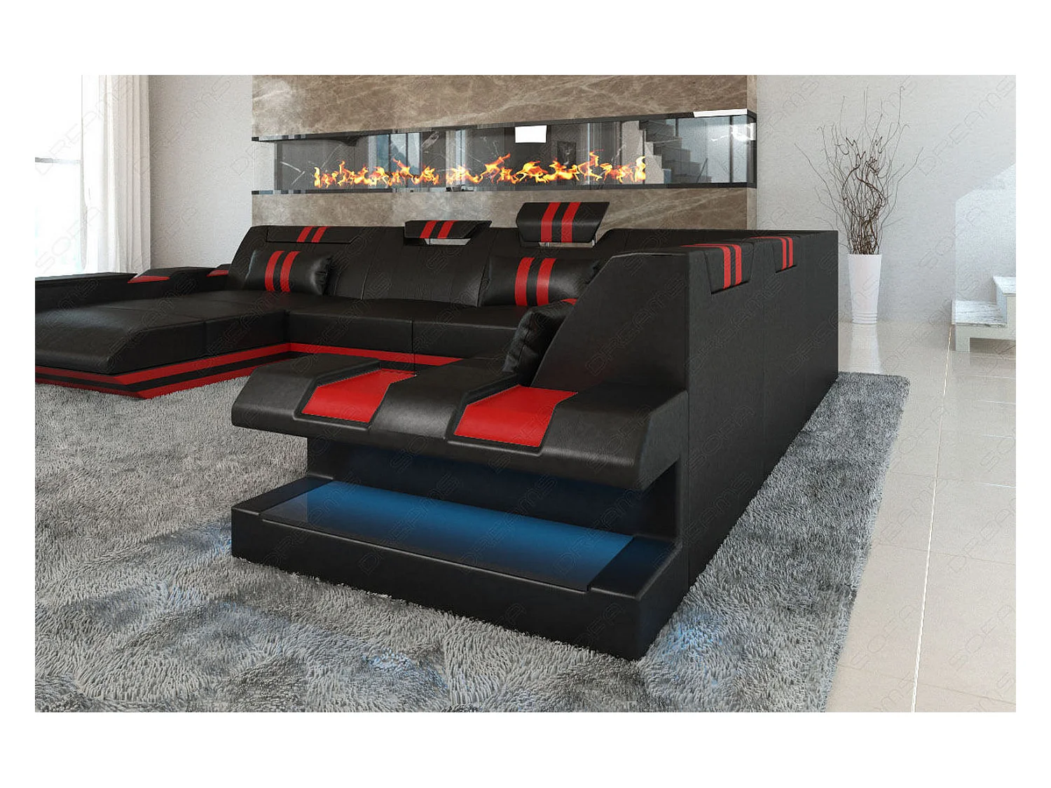 XXL Leder Wohnlandschaft Apollonia EM Schwarz Rot Links