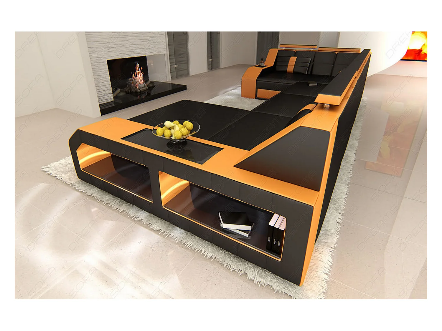 Sofa Arezzo U Leder Echtleder Schwarz Orange Rechts