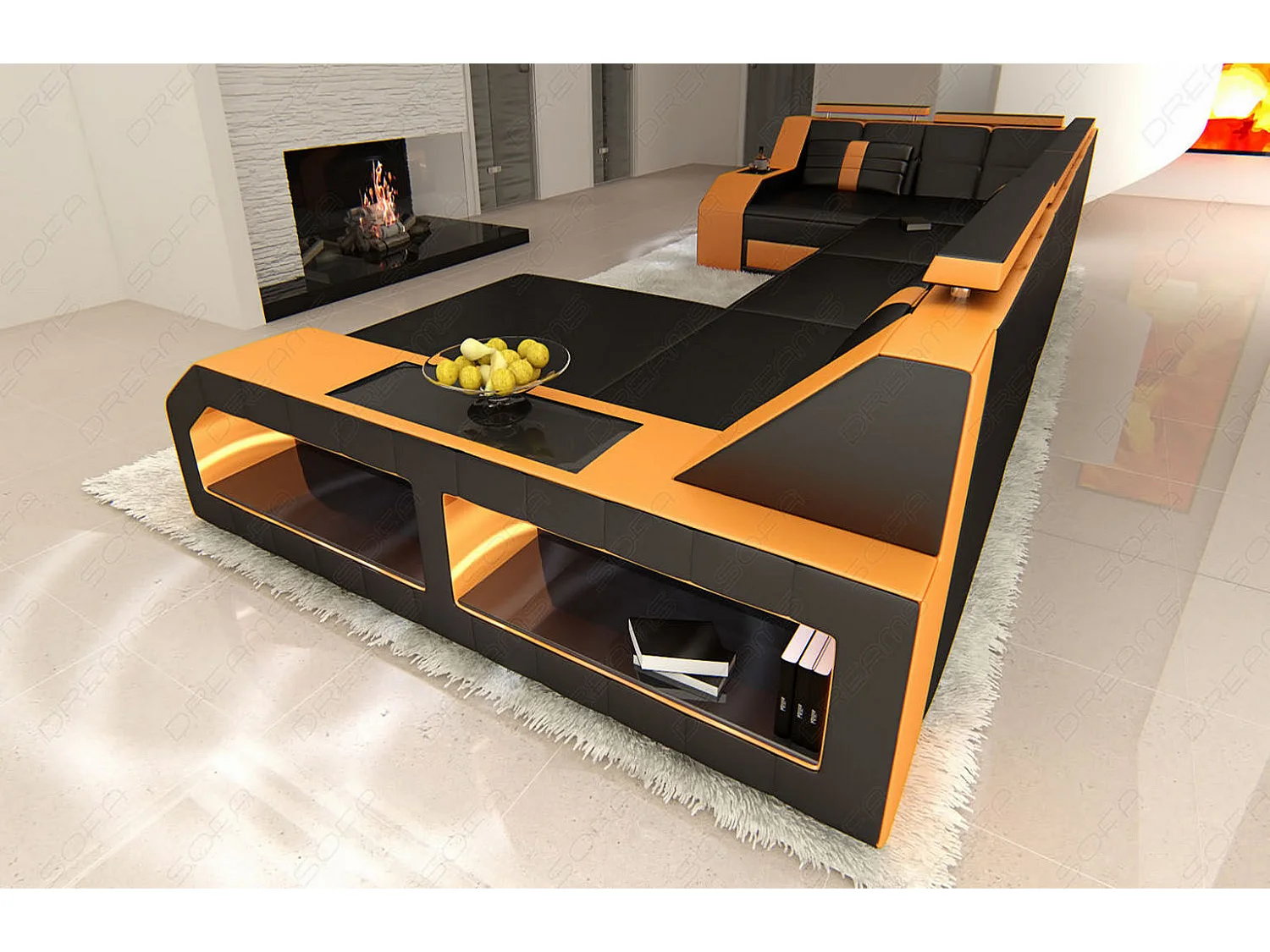 Sofa Arezzo U Leder Echtleder Schwarz Orange Rechts