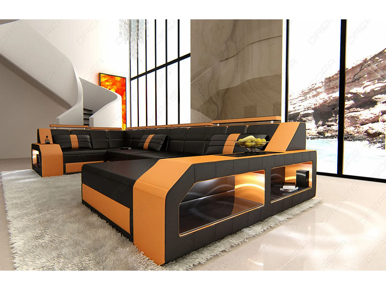 Sofa Arezzo U Leder Echtleder Schwarz Orange Rechts