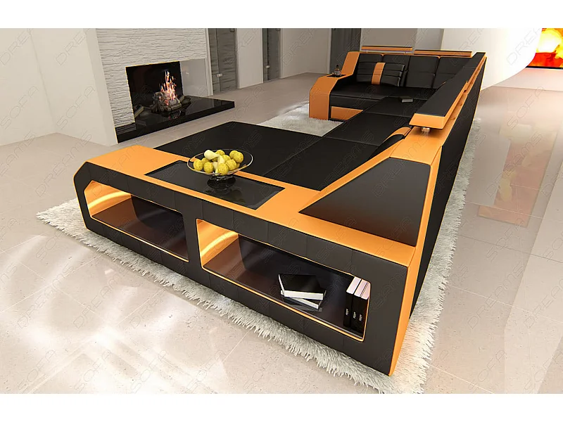 Sofa Arezzo U Leder Echtleder Schwarz Orange Rechts