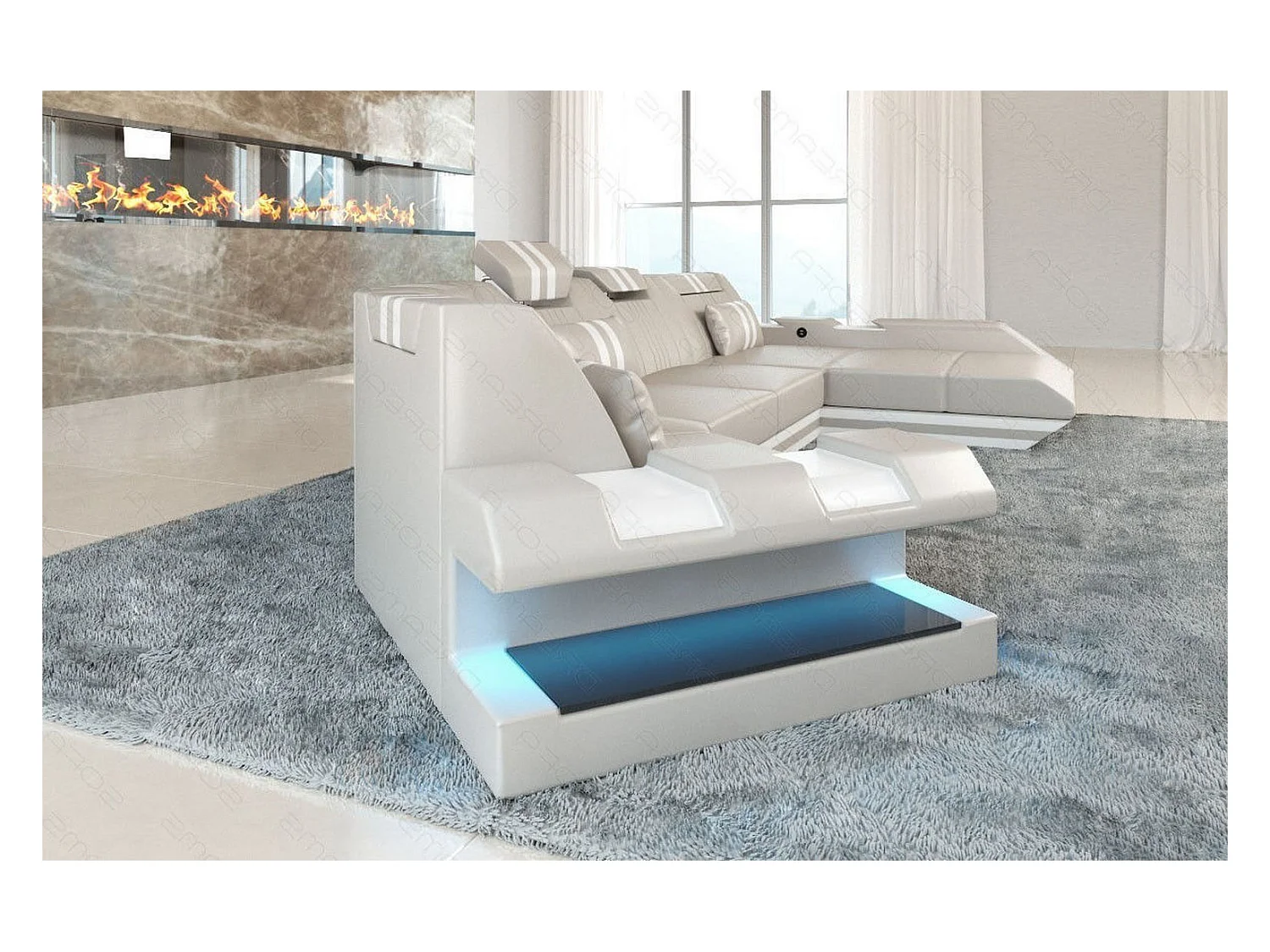 Ledersofa Apollonia C Form Büffelleder Beige Weiß Rechts