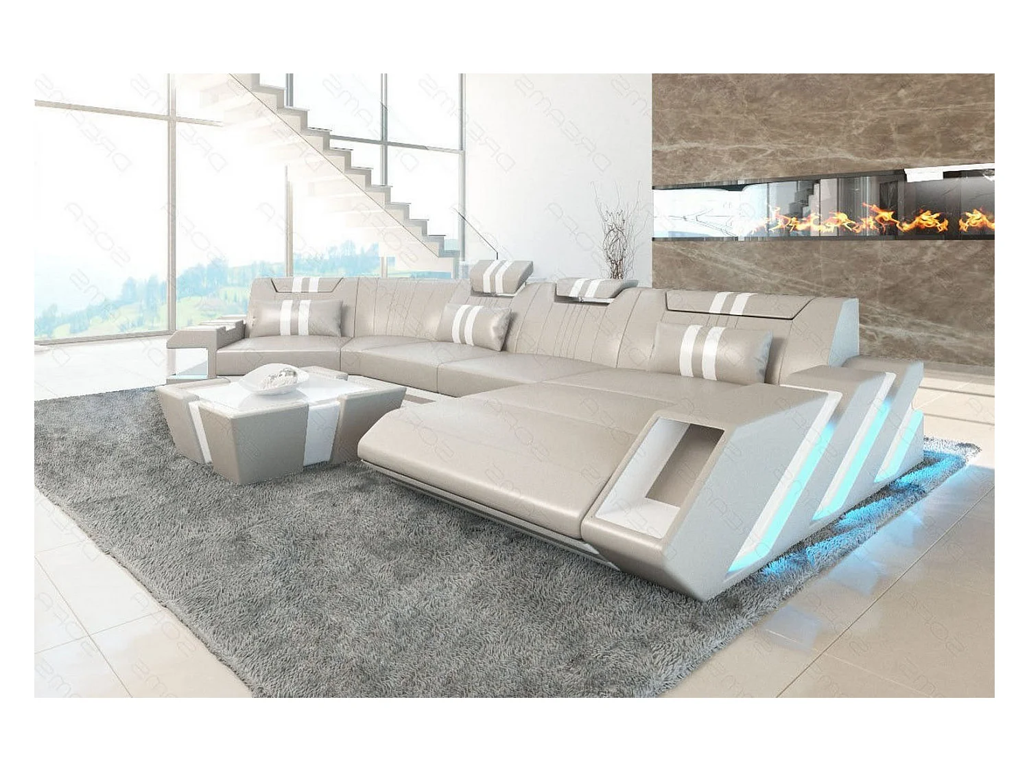 Ledersofa Apollonia C Form Büffelleder Beige Weiß Rechts