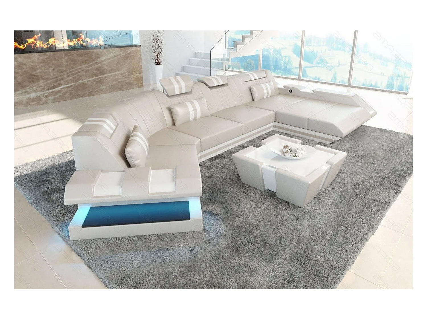 Ledersofa Apollonia C Form Büffelleder Beige Weiß Rechts