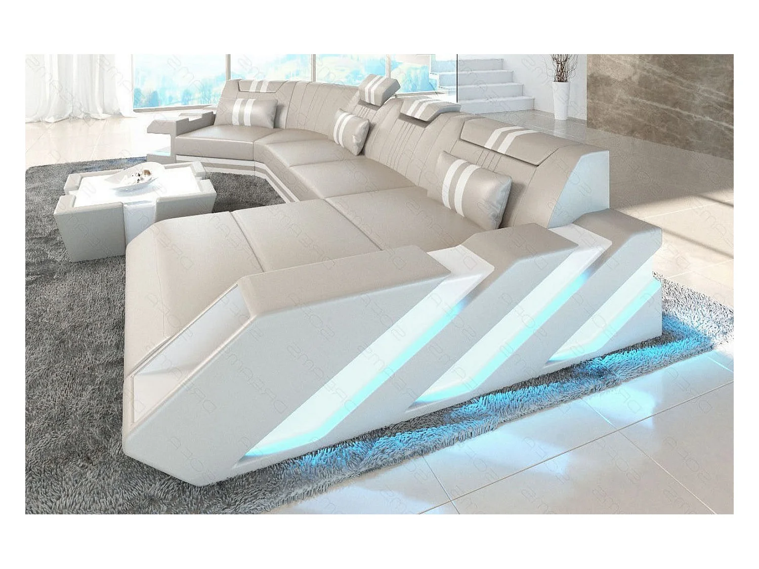 Ledersofa Apollonia C Form Büffelleder Beige Weiß Rechts