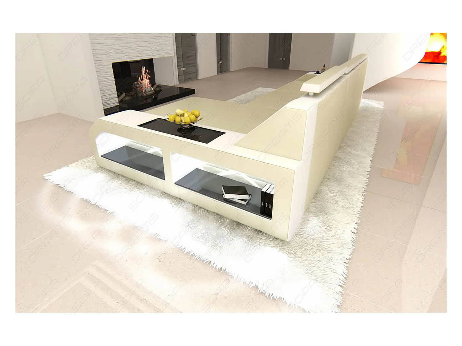 Ecksofa Arezzo Leder Ledermix Beige Weiß Rechts