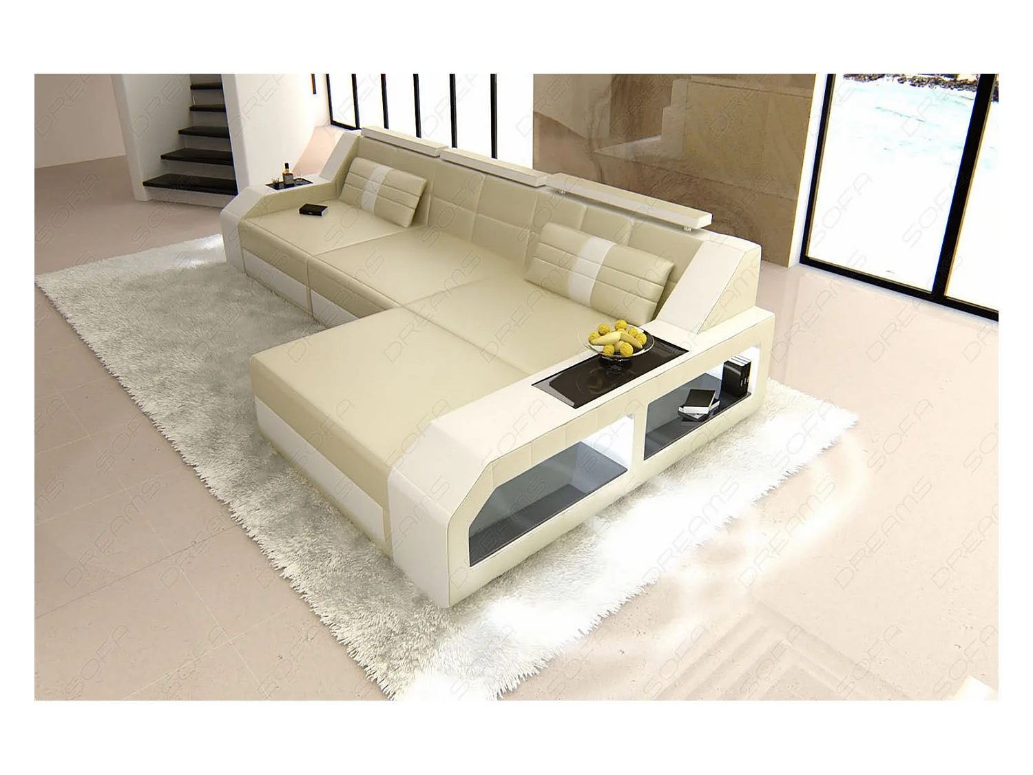 Ecksofa Arezzo Leder Ledermix Beige Weiß Rechts