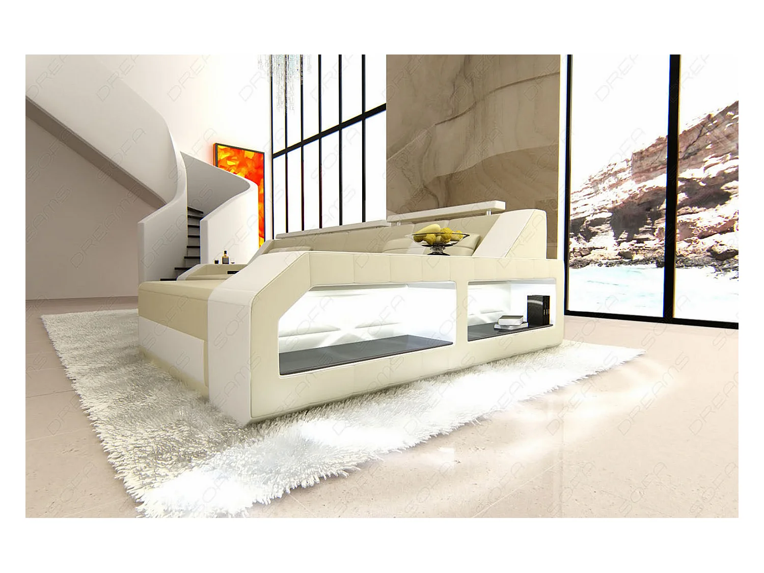 Ecksofa Arezzo Leder Ledermix Beige Weiß Rechts