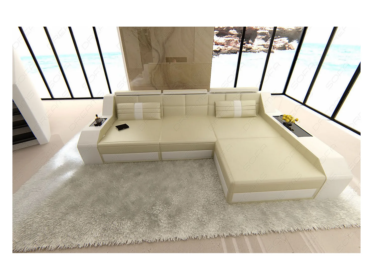Ecksofa Arezzo Leder Ledermix Beige Weiß Rechts