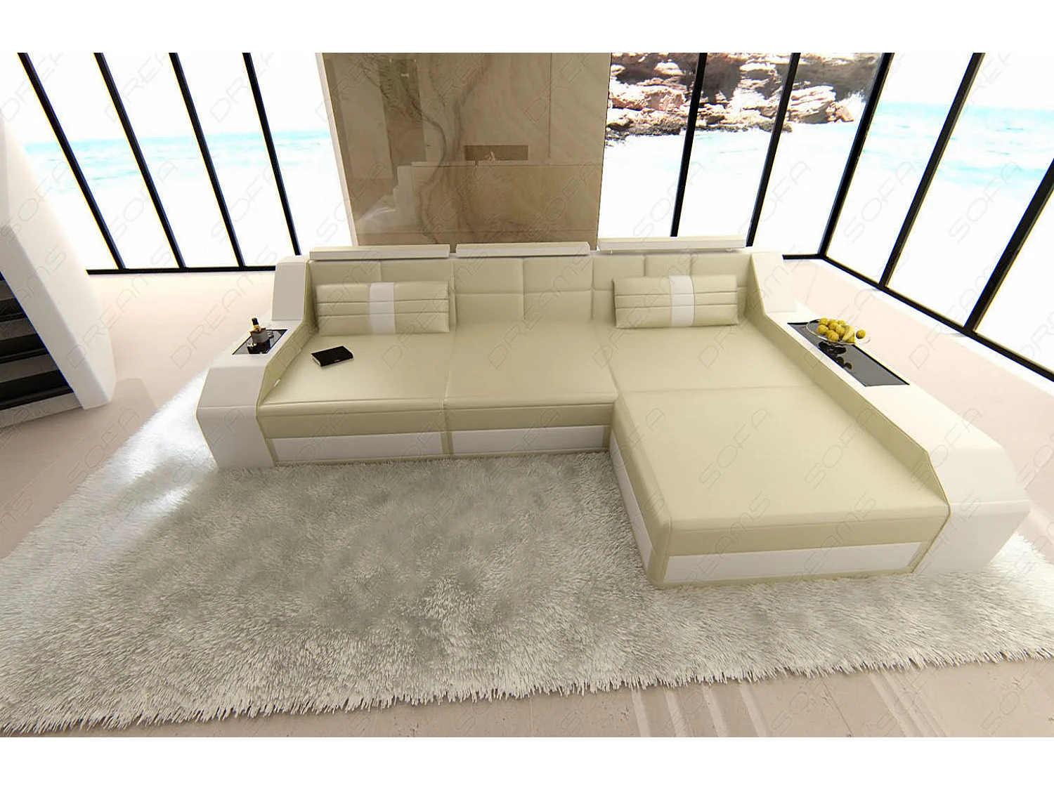 Ecksofa Arezzo Leder Ledermix Beige Weiß Rechts