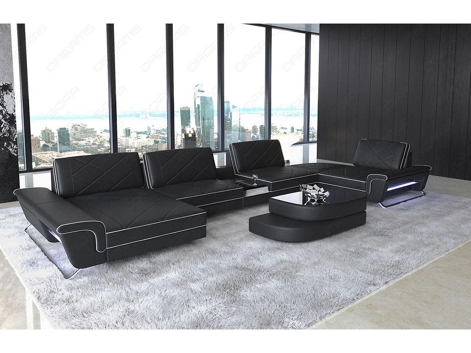 Sofa Bari U Leder Ledermix Schwarz Weiß Links