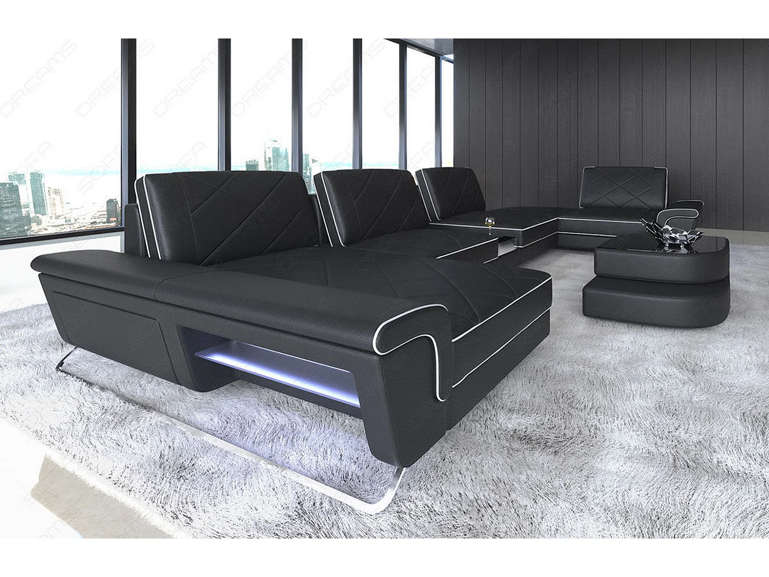 Sofa Bari U Leder Ledermix Schwarz Weiß Links