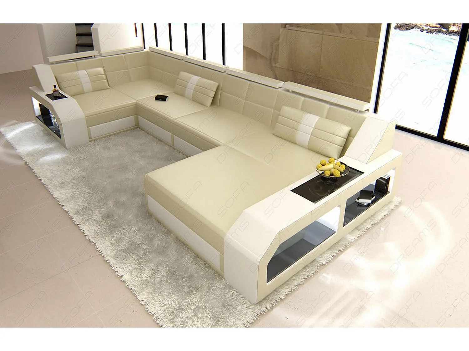 Sofa Arezzo U Leder Ledermix Beige Weiß Rechts