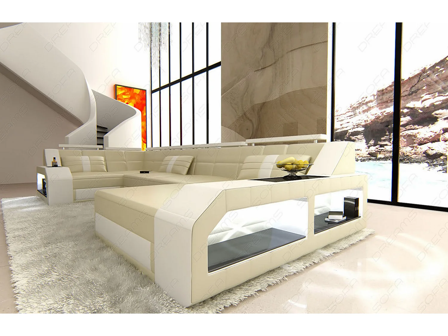 Sofa Arezzo U Leder Ledermix Beige Weiß Rechts