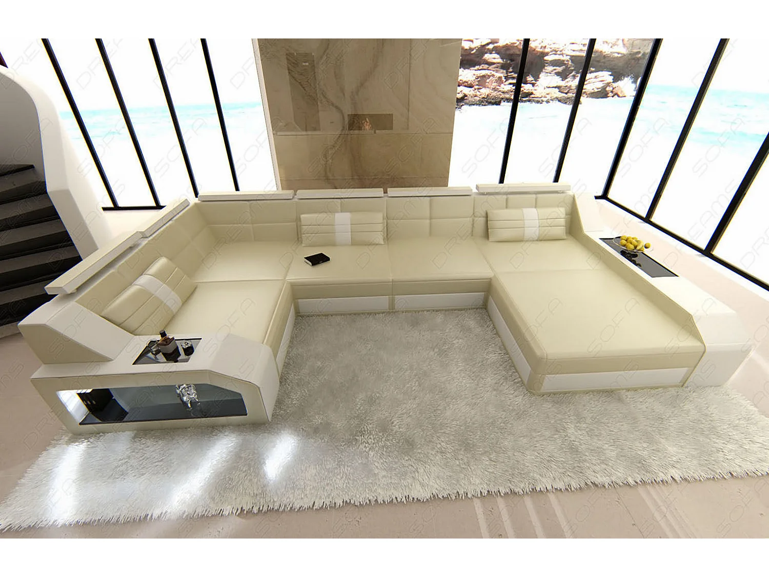 Sofa Arezzo U Leder Ledermix Beige Weiß Rechts