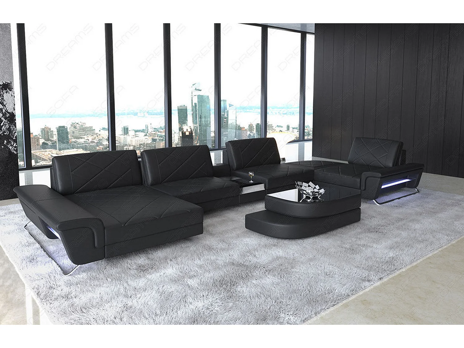 Sofa Bari U Leder Kunstleder Schwarz Links