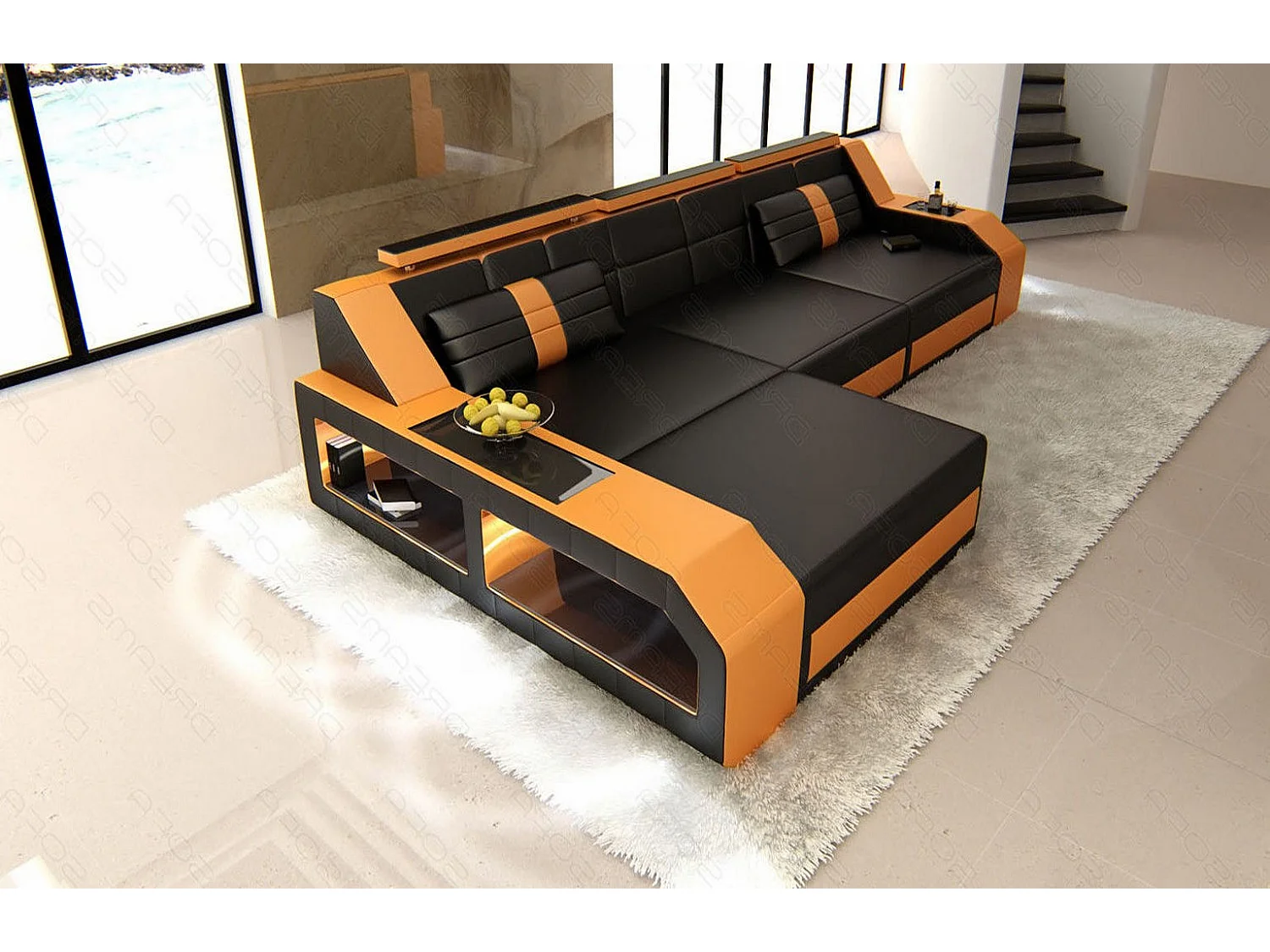 Ecksofa Arezzo Leder Ledermix Schwarz Orange Links
