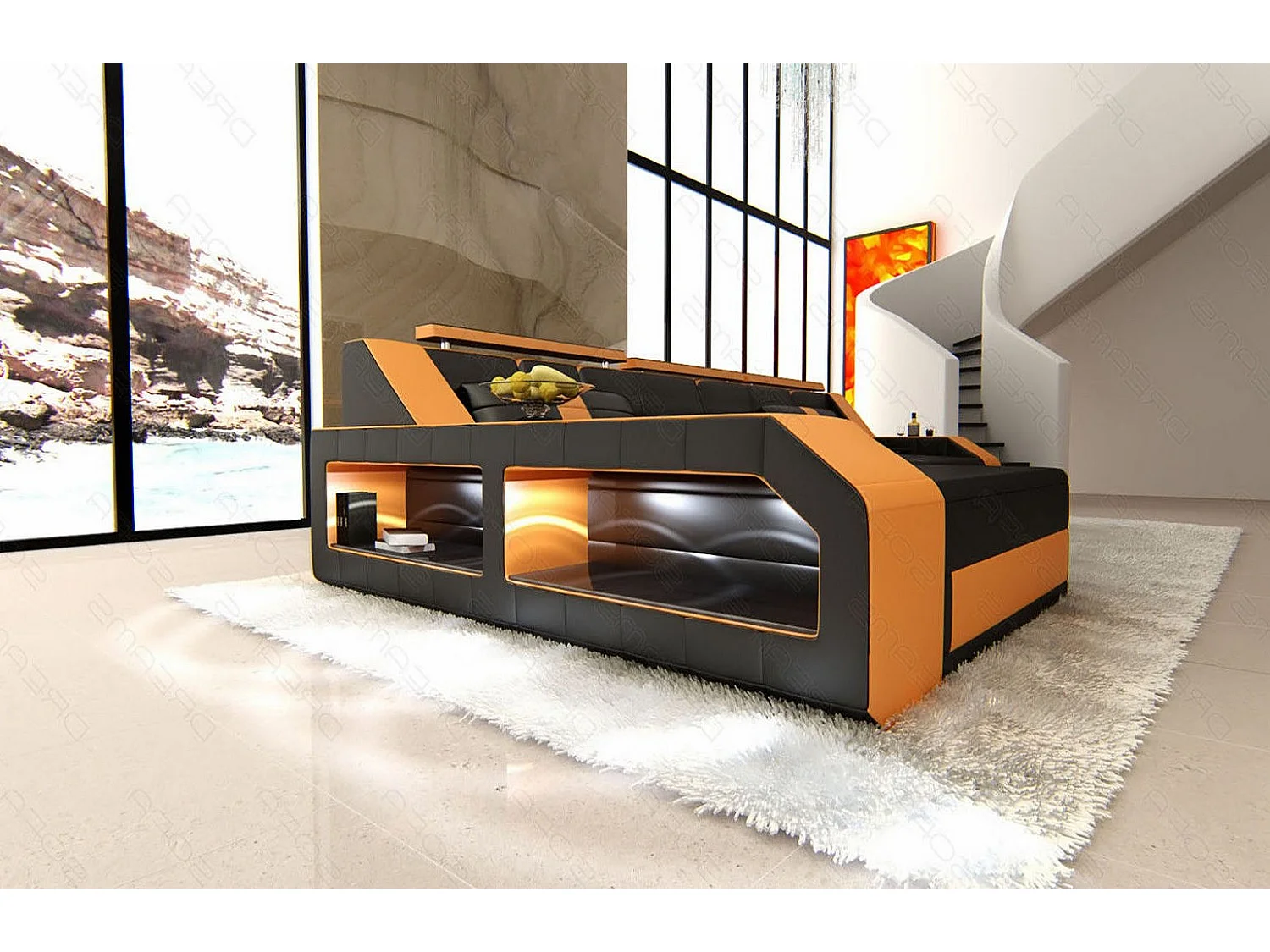 Ecksofa Arezzo Leder Ledermix Schwarz Orange Links