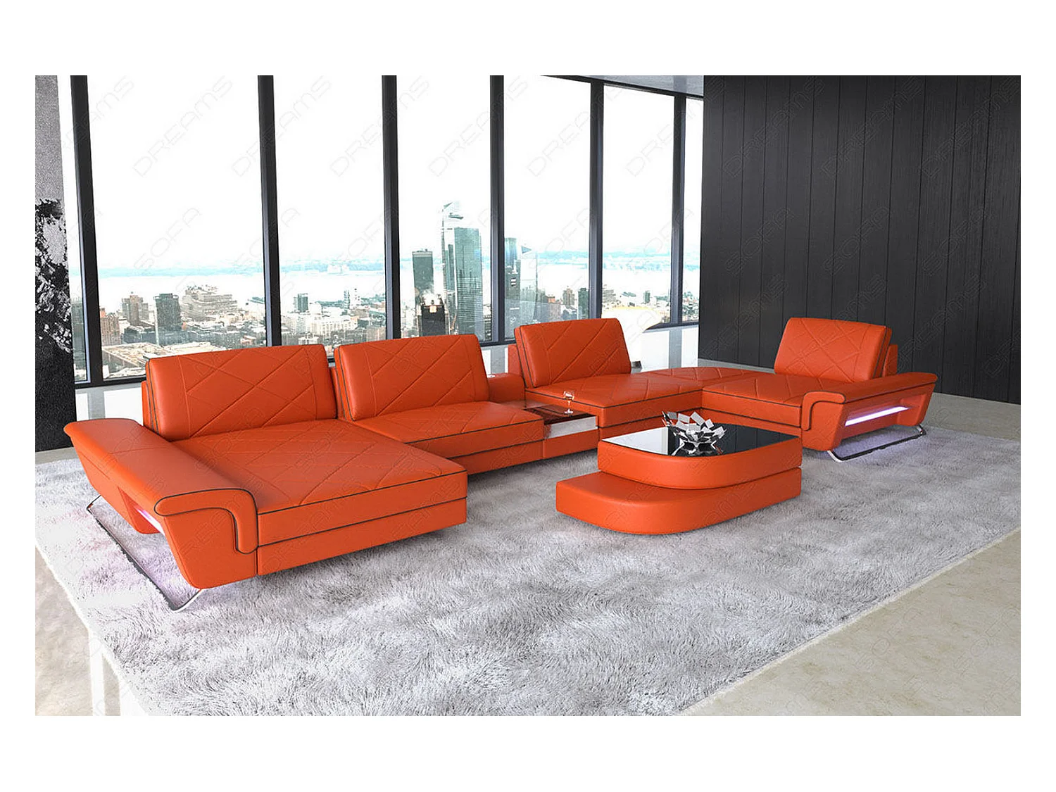 Sofa Bari U Leder Kunstleder Orange Schwarz Links