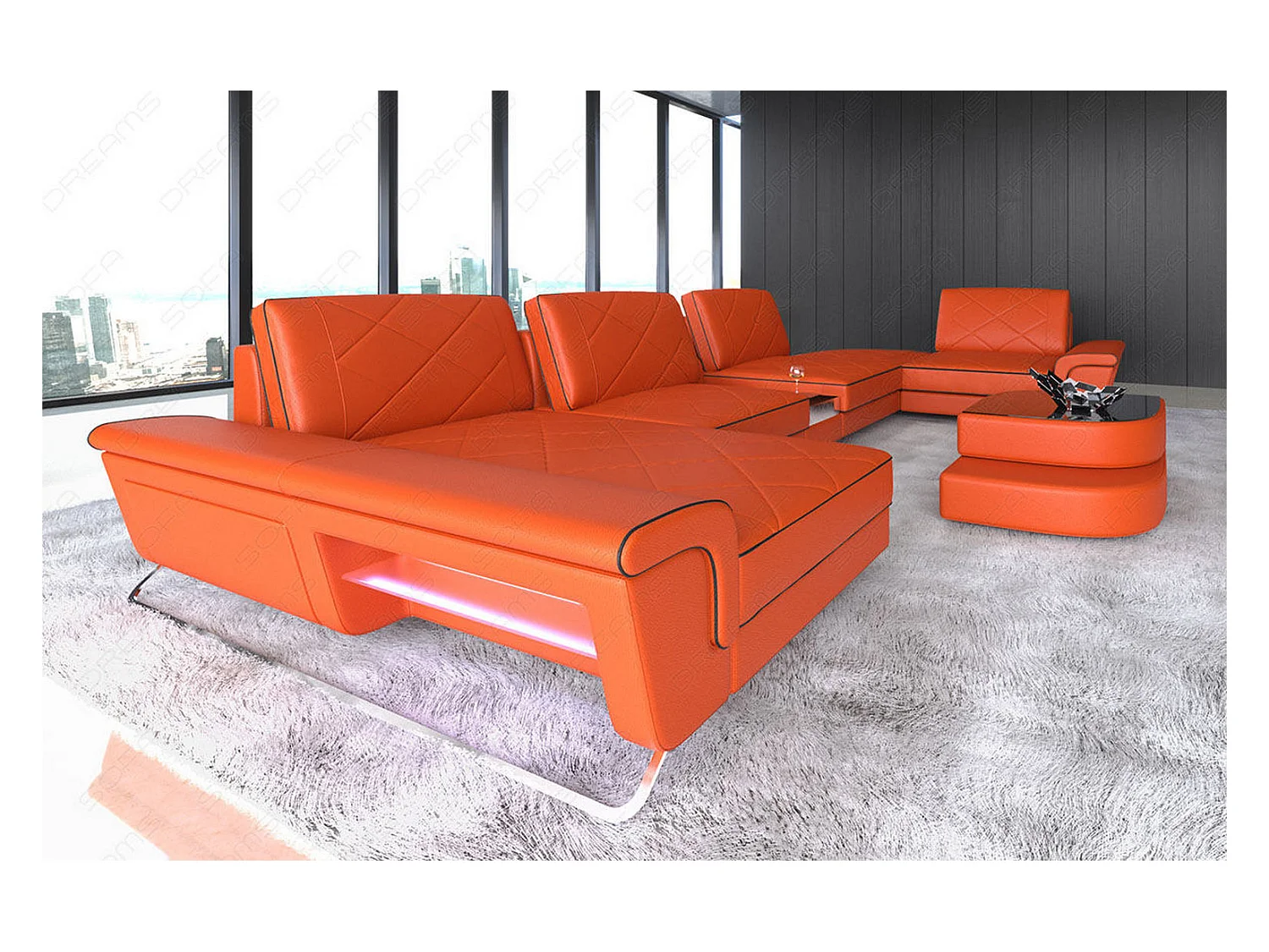 Sofa Bari U Leder Kunstleder Orange Schwarz Links