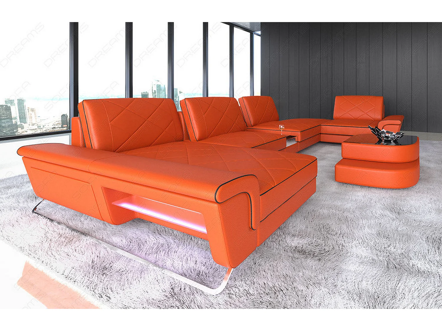 Sofa Bari U Leder Kunstleder Orange Schwarz Links