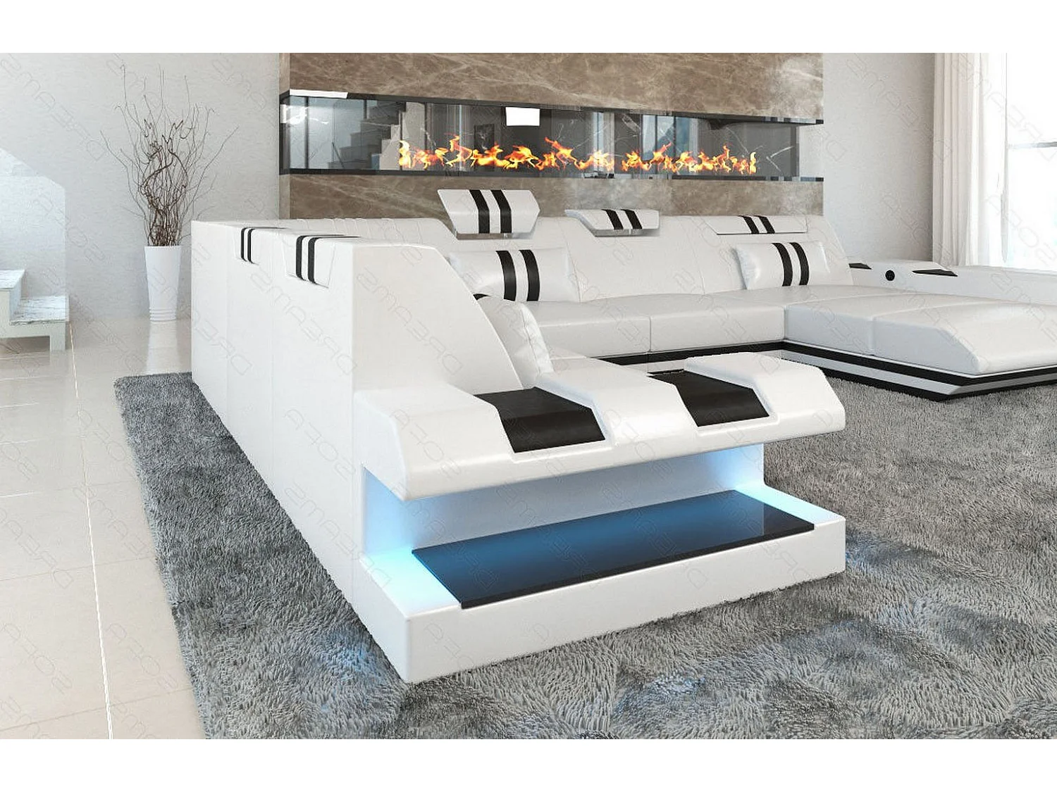 XXL Leder Wohnlandschaft Apollonia EM Weiß Schwarz Rechts