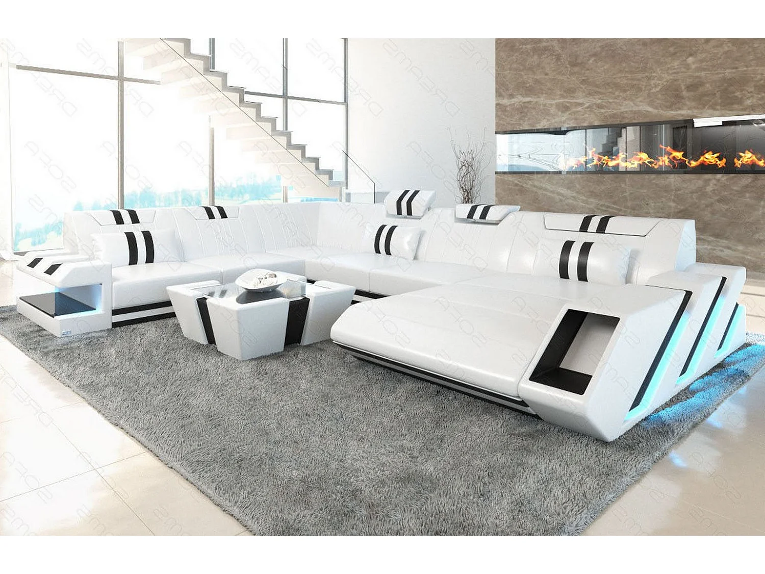 XXL Leder Wohnlandschaft Apollonia EM Weiß Schwarz Rechts